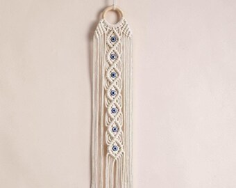 Evil Eye Macrame Wall Hanging, Boho Nazar Tapestry, Cream Bedroom Protection Decor