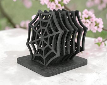 Spider Web Coaster Set, 6 Black Wooden Drink Mats, Halloween Table Decor with Holder