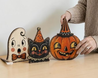 1 Pc Halloween Wooden Ornament, Ghost Pumpkin or Black Cat Tiered Tray Decor
