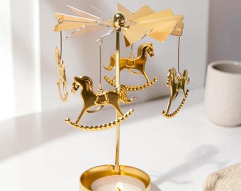 Carousel Candle Holder, Gold Rocking Horse Tealight Stand, Vintage Home Table Decor