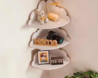 Cloud Corner Shelves Set of 3, White Nursery Wall Storage, Kids Room Book Display