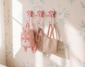 Bow Wall Hooks, Pink Gold Nursery Hanger, Princess Room Organizer, Kids Wall Decor