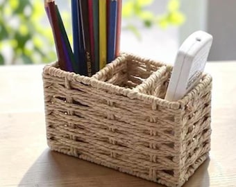 Woven Desk Organizer, 3 Compartment Remote Holder, Boho Pen and Cosmetic Storage Basket