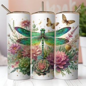 Dragonfly Tumbler Wrap, Floral Dragonflies PNG, Ethereal 20oz Skinny Wrap, Sublimation Seamless Design, Nature Tumbler Download