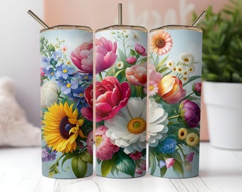Kwiatowy owijka na kubek: Boho Spring Flower PNG, 20 uncji, cienki wzór (pobranie cyfrowe)