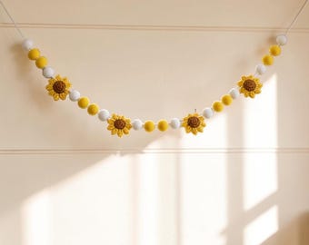 Sunflower Garland, Crochet Flower Pom Pom Banner, Yellow White Boho Wall Decor