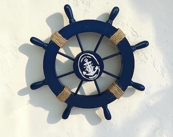 Nautical Ship Wheel Decor, Blue Wooden Wall Hanging, Coastal Beach House Ornament