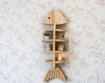Fishbone Wall Shelf, Wooden Bathroom Organizer, Nautical Storage Rack, Coastal Home Decor