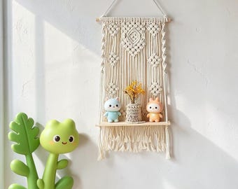 Macrame Wall Shelf, Boho Hanging Storage, Cream Woven Tapestry with Wooden Display Ledge