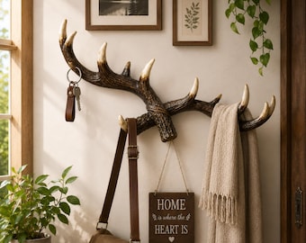 Deer Antler Wall Hooks, Rustic Coat Rack, Key Holder, Cabin Entryway Decor