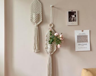 1 Pc Macrame Wall Pocket, Boho Hanging Flower Holder, Cream Woven Nursery Storage Decor