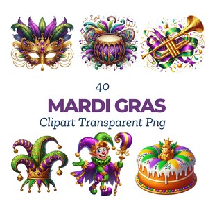 Bundle de cliparts Mardi Gras, fleur de lys PNG, art de collier de perles mardi gras, téléchargement numérique de la Nouvelle-Orléans, clipart fête mascarade