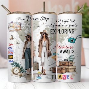 Travel Lover Tumbler Wrap PNG, Adventure Awaits Sublimation Design, World Traveler 20oz Skinny Tumbler, Wanderlust Explorer File