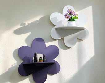 Flower Wall Shelf, White Wooden Nursery Display, Kids Room Floating Decor Rack