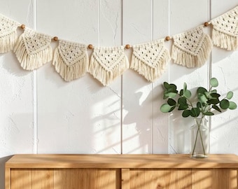 Macrame Wall Garland, Boho Tassel Banner, Cream Nursery Decor, Farmhouse Wall Hanging