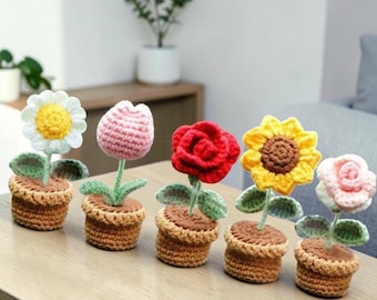1 Pc Crochet Flower Pot, Sunflower Rose Daisy Decor, Mini Desk Plan Gift