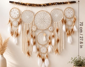 Dreamcatcher Wall Hanging Set, 5 Piece Boho Feather Decor, Large Moon Bedroom Tapestry