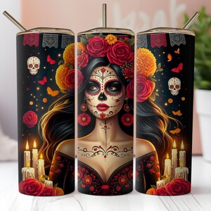 Sugar Skull Tumbler Wrap, Day of the Dead Tumbler Design, 20oz Skinny PNG, Mexican Skull Sublimation, Roses Tumbler Digital Download