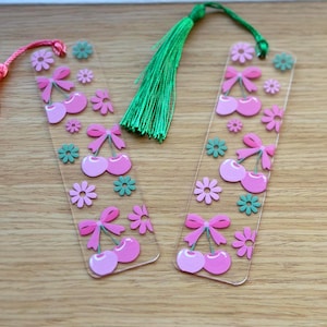 Pink and green flowers with cherries and bows acrylic bookmark