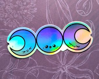 Kawaii Holo Triple Moon Sticker, Vinyl Holographic Triple Moon, Witchy Cottagecore Laptop Decal RESTOCKED