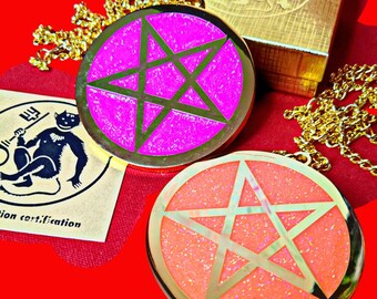 FuLL set dEAL Pentagram Necklace 3" glitter & gold HUGE - 2 colorways! Satanic pendent BaPhoMet RISING!!