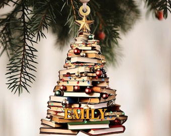 Personalized Book Stack Christmas Tree Ornament: Custom Book Lover Gift