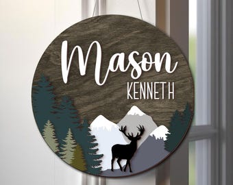 Personalized Wood Name Sign – Forest Theme Nursery Wall Decor with Trees & Mountains | Baby Shower Gift | Round wilderness woodland forest