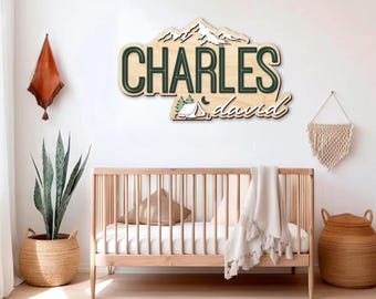 Berge Camping Zelt Kinderzimmer Namensschild: 3D Holz Dekor