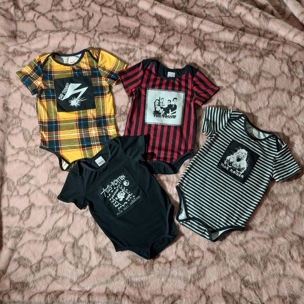 Custom Punk Metal Newborn Baby Onesies/ stripes leopard plaid/gbh los crudos eskorbuto subhumans conflict the clash germs misfits metallica