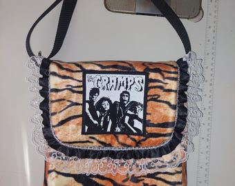 Borsa con stampa tigre Cramps e bordi in pizzo punk