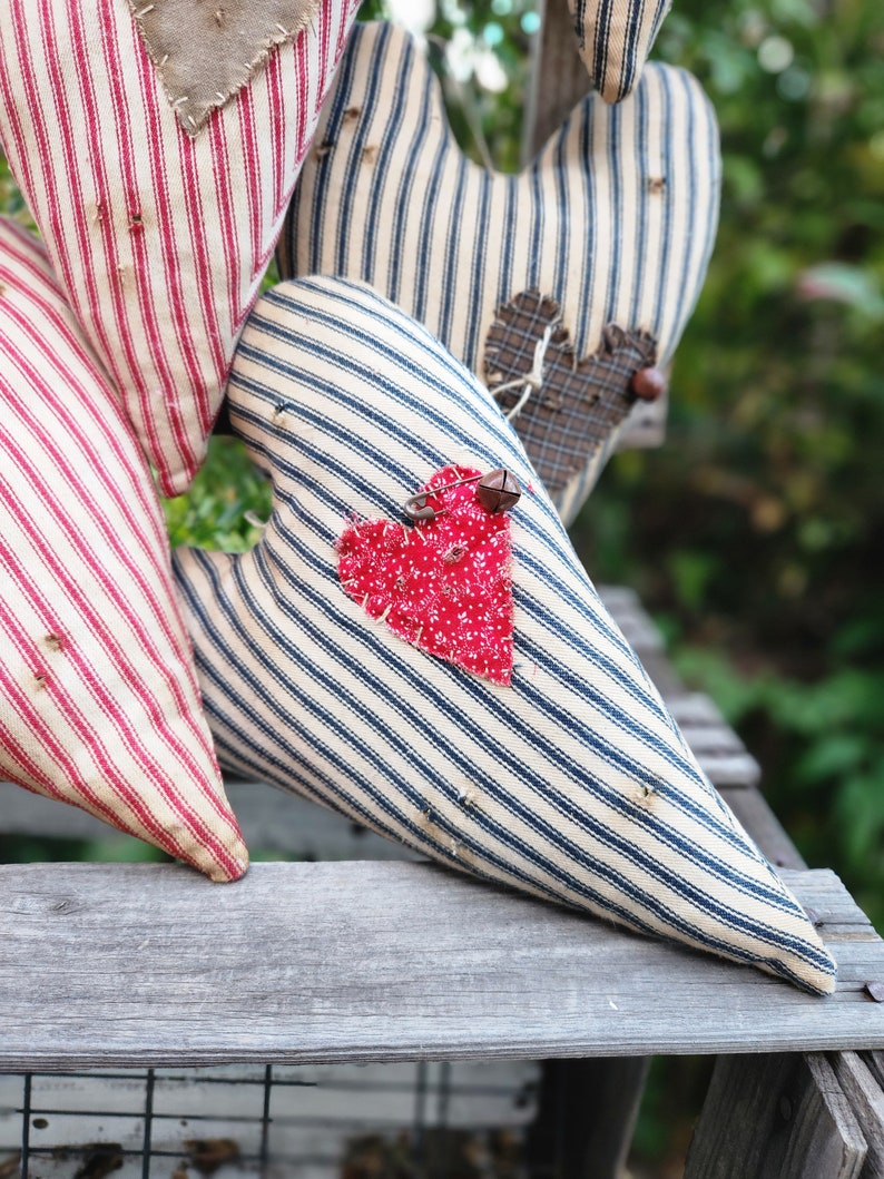 Primitive Ticking Heart rag stuffed Pillow Farmhouse Decor image 3