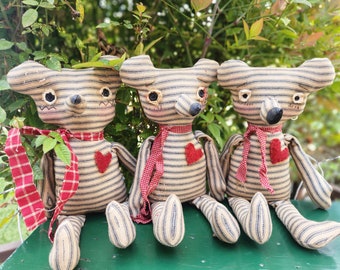 Primitive Teddy Bear Dolls Ticking