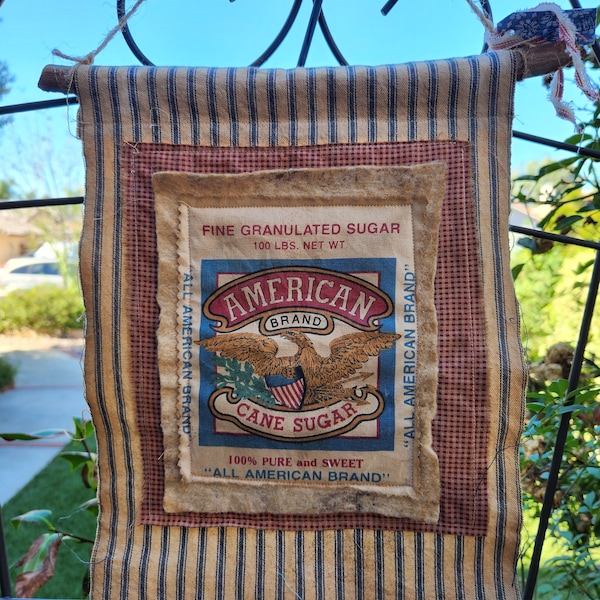Primitive Ticking Garden Flag with Vintage Style Feed Sack Fabric Label