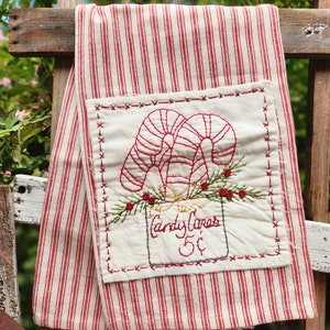 Country Christmas Candy Cane dish towel pattern Stitchery embroidery Cottage Farmhouse image 1