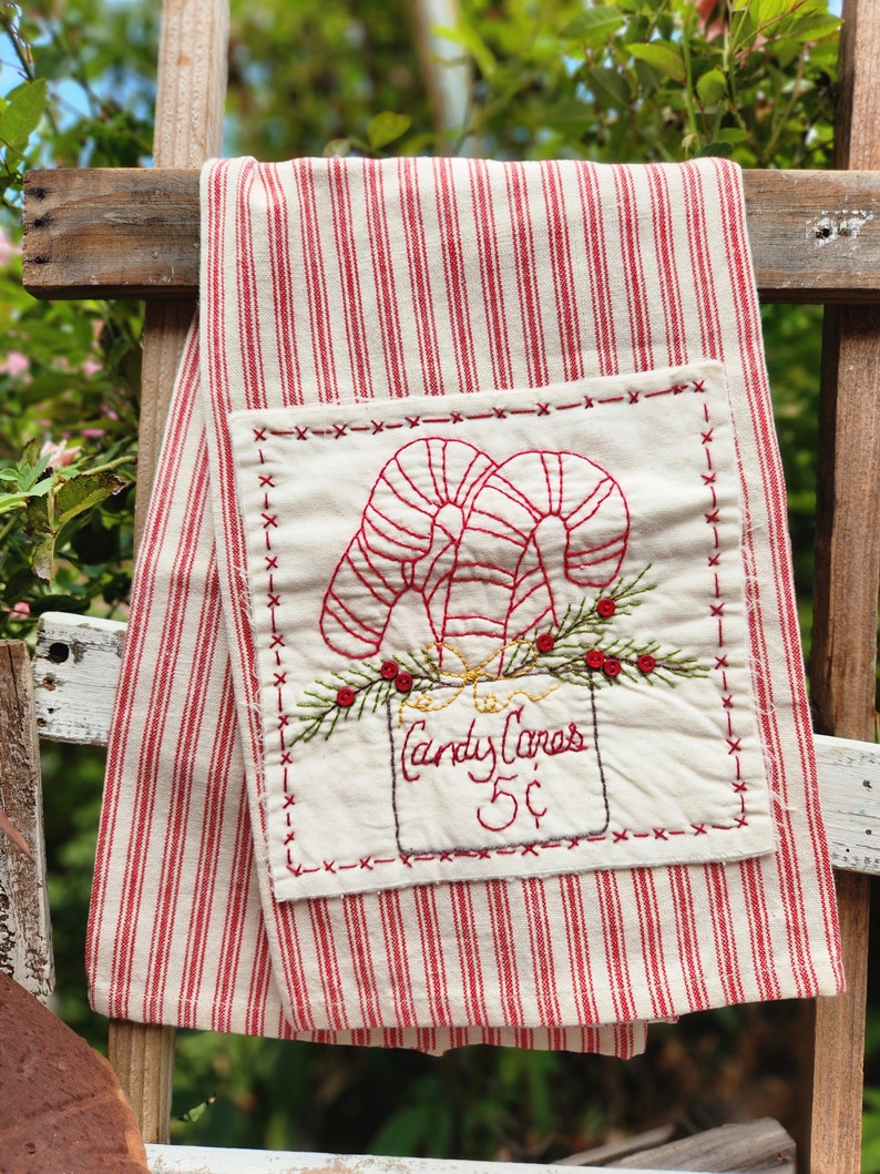 Country Christmas Candy Cane dish towel pattern Stitchery embroidery Cottage Farmhouse image 1