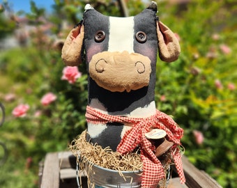 Primitive Cow in Milk bucket handmade