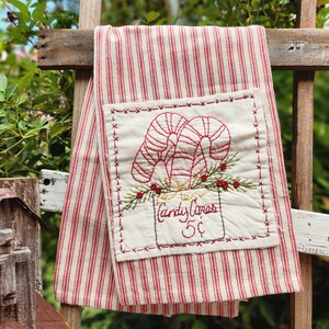 Country Christmas Candy Cane dish towel pattern Stitchery embroidery Cottage Farmhouse image 3