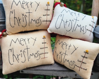 Merry Christmas Hand Stitched Primitive Pillow Tuck