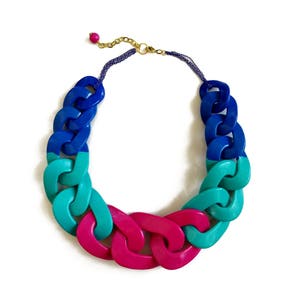 Collar de declaración brillante y grueso, collar de cadena rosa azul, collar de arcilla polimérica de bloque de color colorido imagen 2