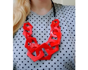 Chunky Red Necklace, Geometric Link Necklace, Statement Necklace, Hexagon Necklace