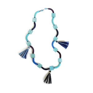 Blue Glass and Polymer Clay Tassel Necklace, Long Statement Necklace