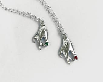 Sterling Silver Hand Necklace: Emerald or Ruby Crystal Charm