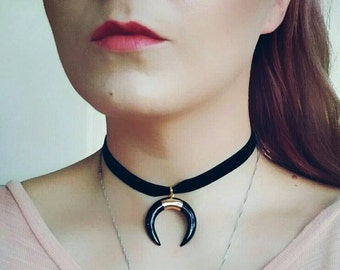 Black Velvet Choker Necklace, Crescent Choker, Double Horn Choker Necklace, Short Velvet Necklace