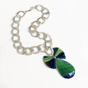 Chunky Agate Necklace, Green Pendant Necklace with Tassel 画像 1
