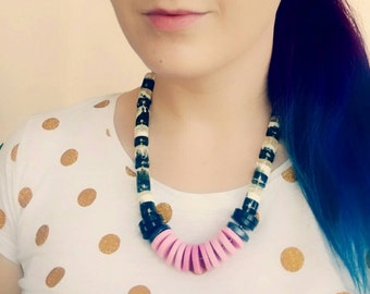 Chunky Beaded Statement Necklace, Modern Polymer Clay Necklace, Pink Gray Necklace