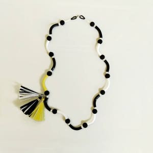 Black and White Beaded Necklace, Tassel Statement Necklace, Polymer Clay necklace, Trending Summer Necklace