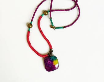 Long Solar Quartz Necklace: Crystal Geode, Coconut Shell Beads