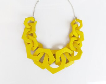 Yellow Chunky Necklace, Link Necklace, Geometric Statement Necklace, Hexagon Necklace