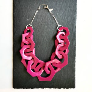 Magenta Pink Chunky Link Necklace, Hexagon Geometric Statement Necklace