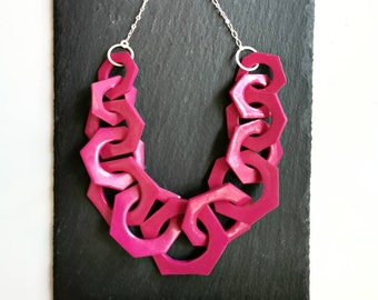 Magenta Pink Chunky Link Necklace, Hexagon Geometric Statement Necklace